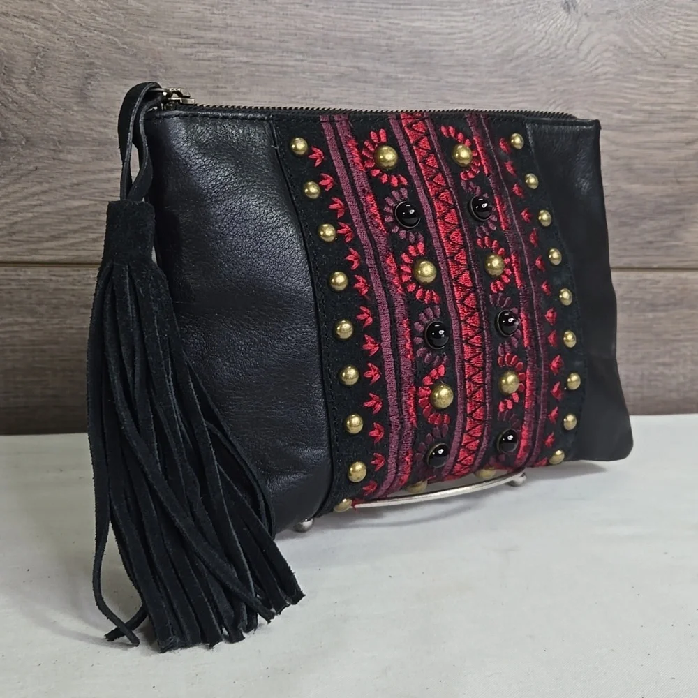 Lucky Brand Black and Red Embroidered Leather Clutch with Tassel